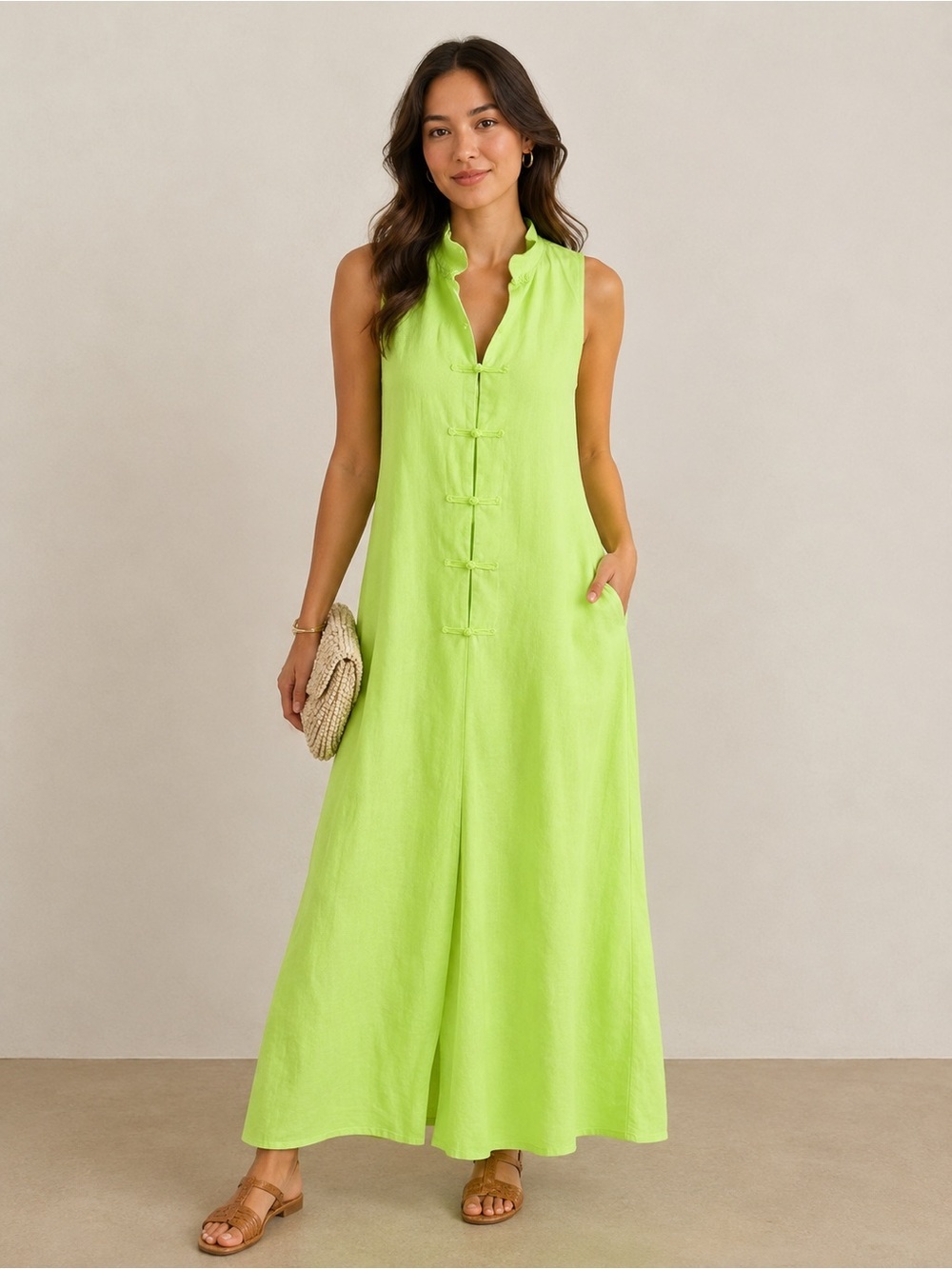Lime Green Mandarin Collar Sleeveless Maxi Dress with Frog Button Closures Large